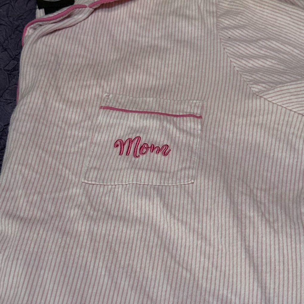 Vintage Laura Ashley Pink Stripe Pajama Set Sz L Cotton Blend “Mom” Embroidery - Picture 3 of 7